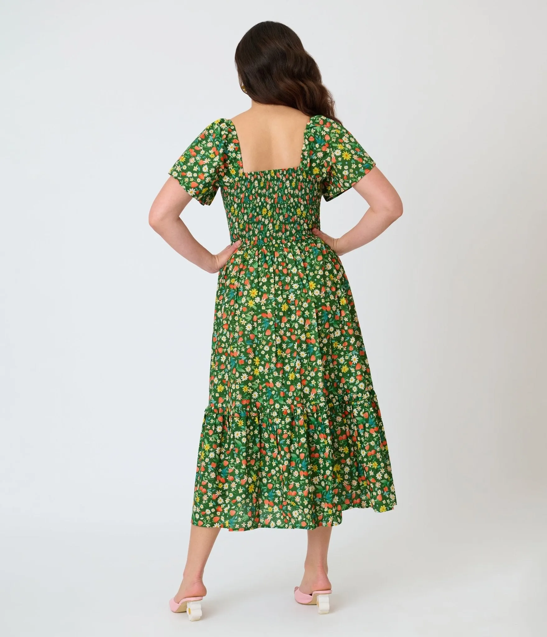 Unique Vintage Green & Strawberry Print Smocked Bodice Midi Dress sold by Unique Vintage product image thumbnail 2