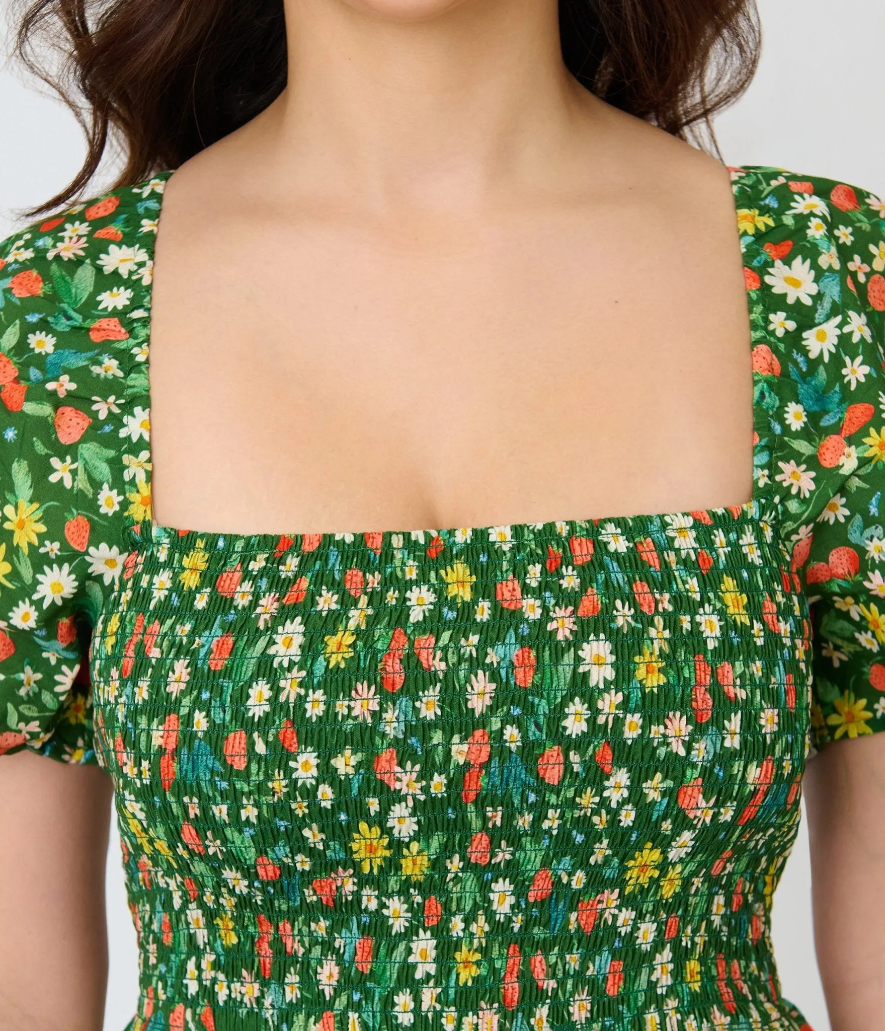 Unique Vintage Green & Strawberry Print Smocked Bodice Midi Dress sold by Unique Vintage product image thumbnail 5
