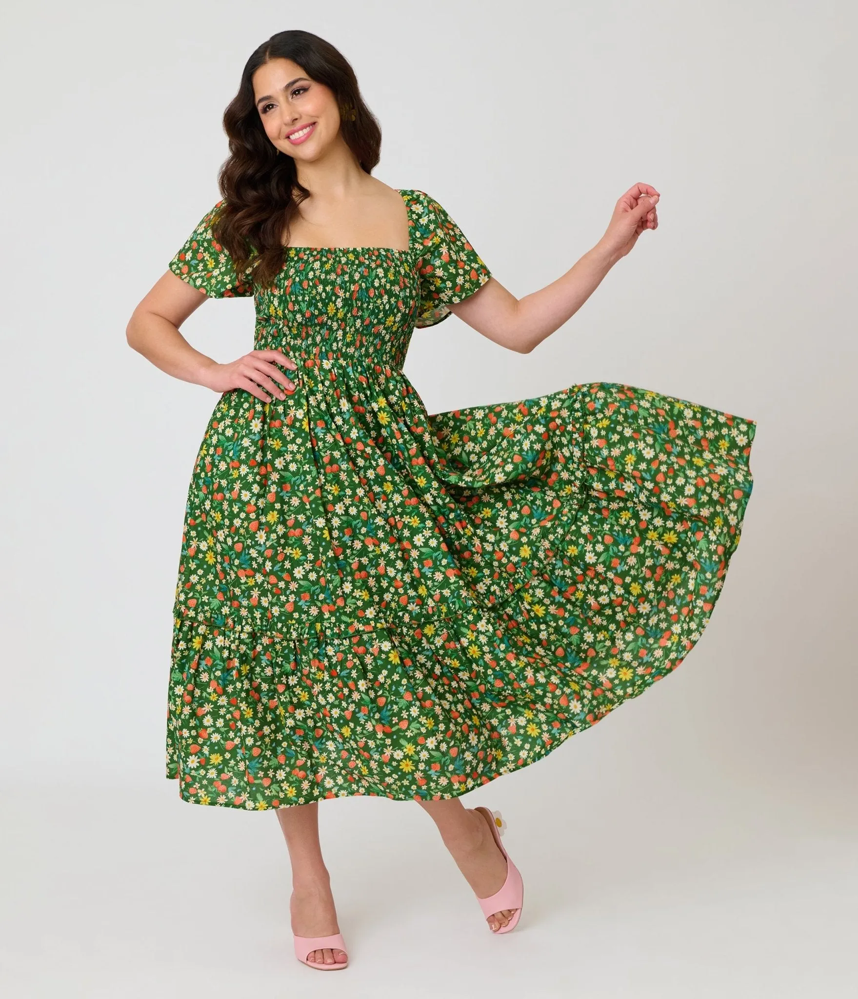 Unique Vintage Green & Strawberry Print Smocked Bodice Midi Dress sold by Unique Vintage product image thumbnail 3