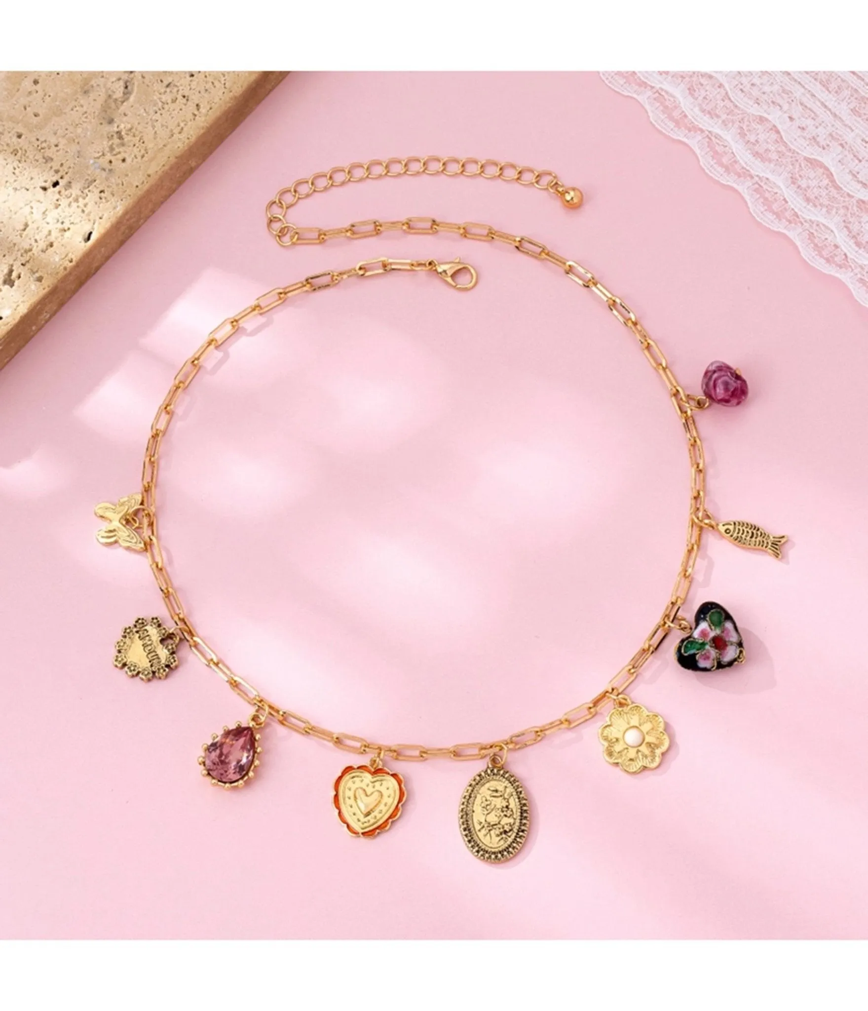 Gold Tone Multi Charm Necklace sold by Unique Vintage product image thumbnail 5