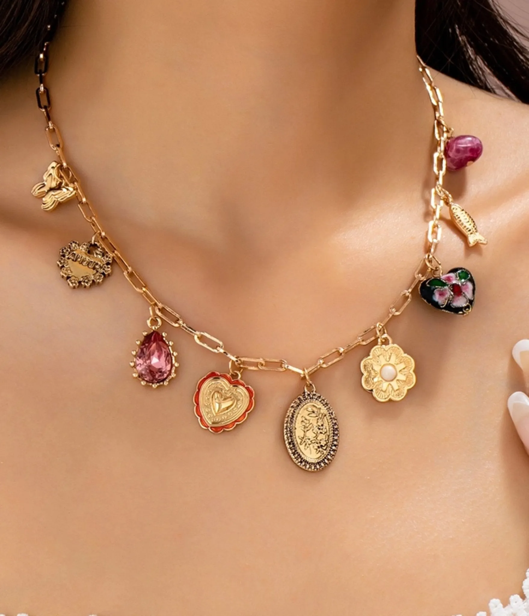 Gold Tone Multi Charm Necklace sold by Unique Vintage product image thumbnail 2