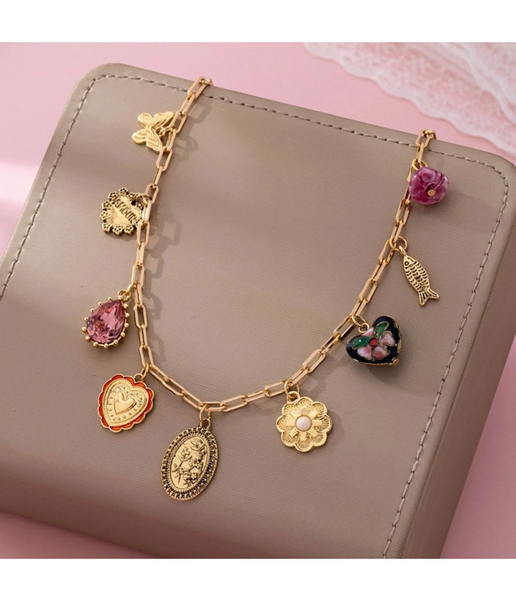 Gold Tone Multi Charm Necklace sold by Unique Vintage product image thumbnail 4