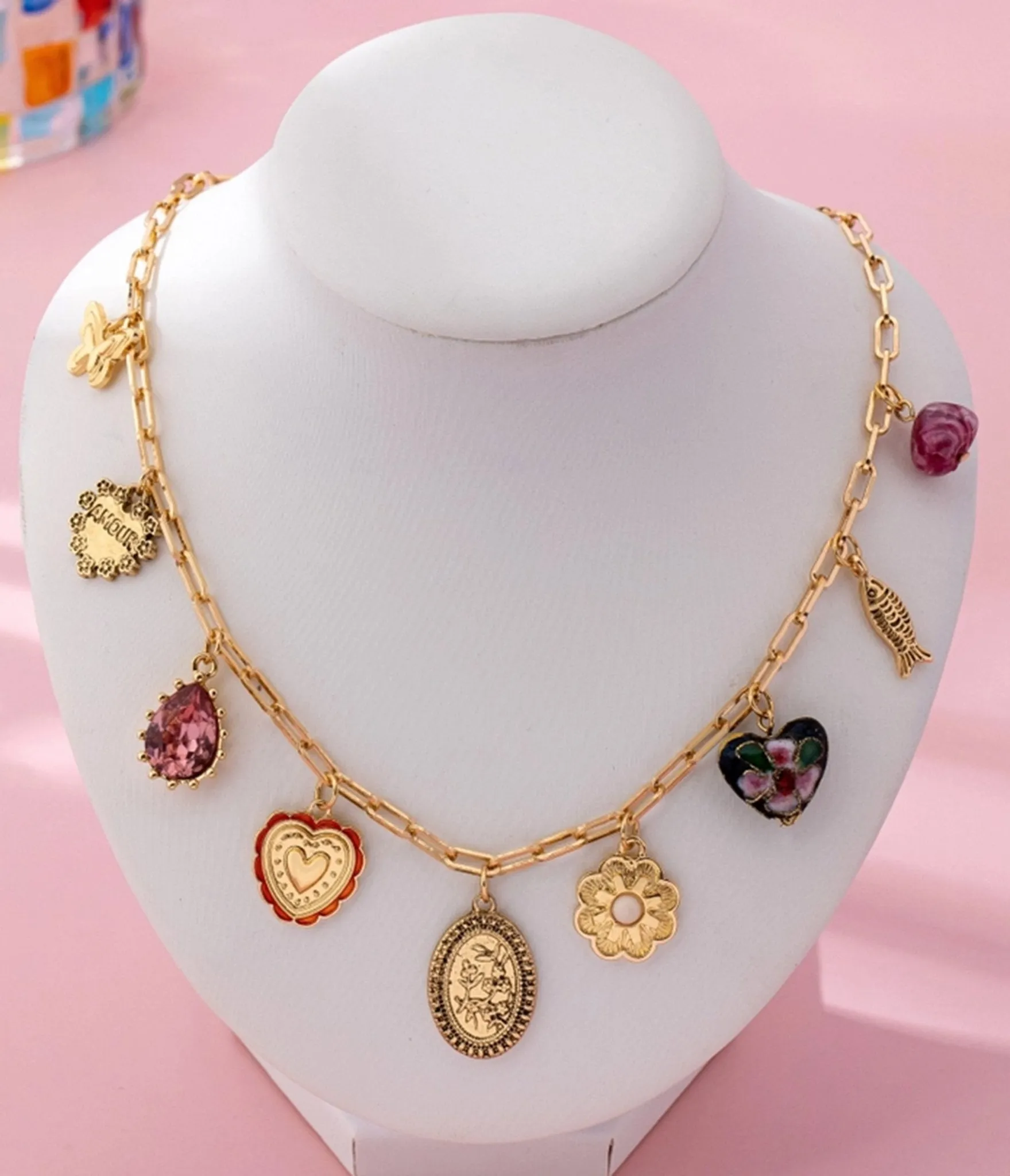 Gold Tone Multi Charm Necklace sold by Unique Vintage