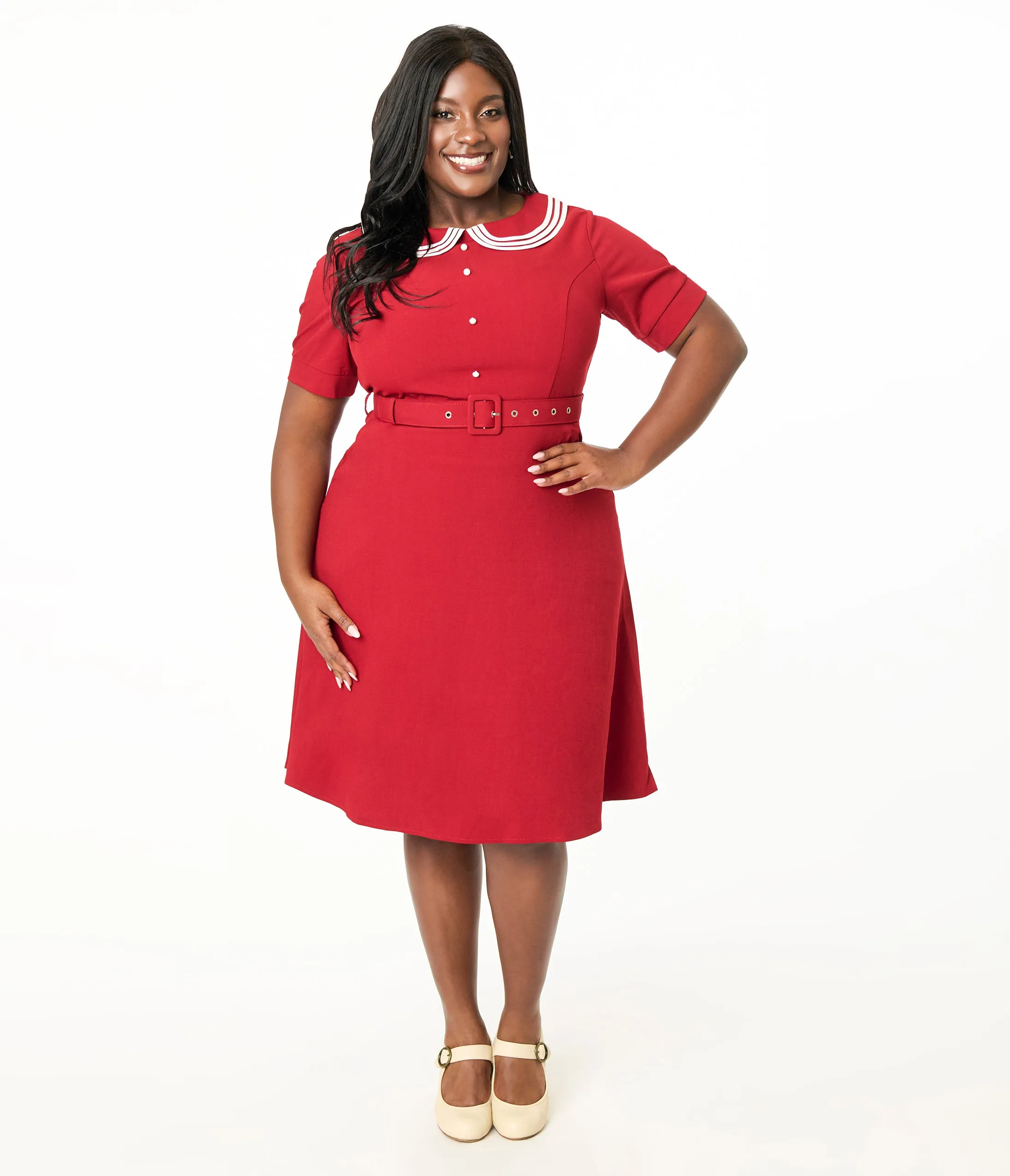 Voodoo Vixen Plus Size 1950s Red Layered Collar Swing Dress sold by Unique Vintage
