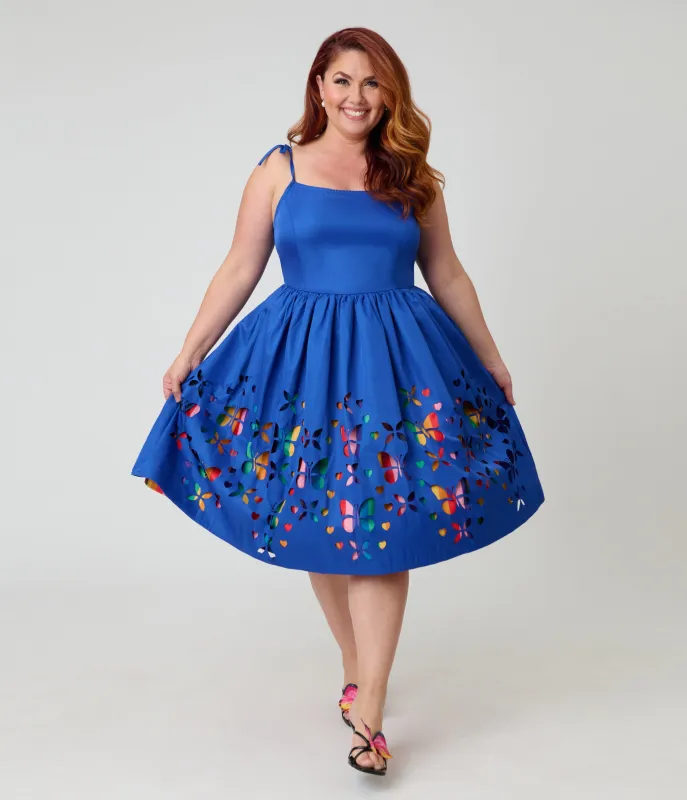 Unique Vintage Plus Size Blue & Rainbow Striped Butterfly Cutout Bobbie Swing Dress made by Unique Vintage