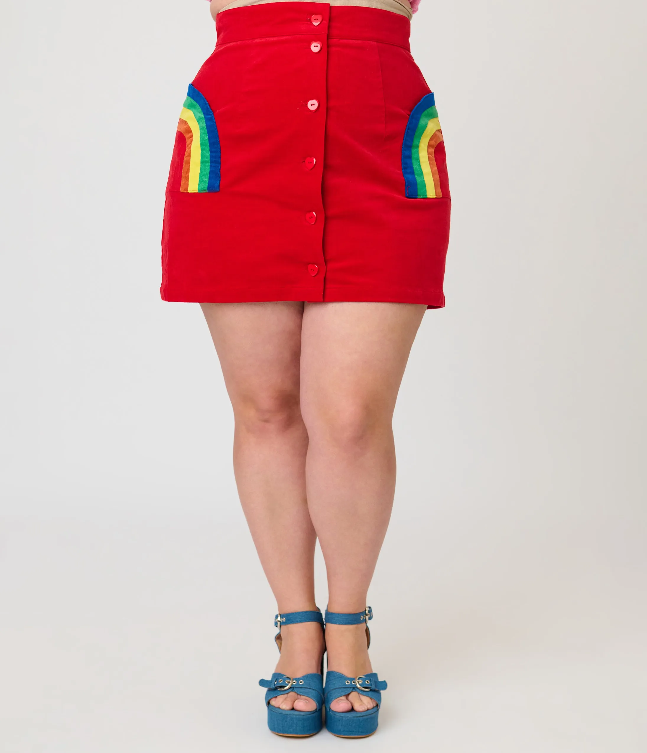 Smak Parlour Plus Size Red Corduroy & Rainbow Pockets Mini Skirt sold by Unique Vintage product image thumbnail 2