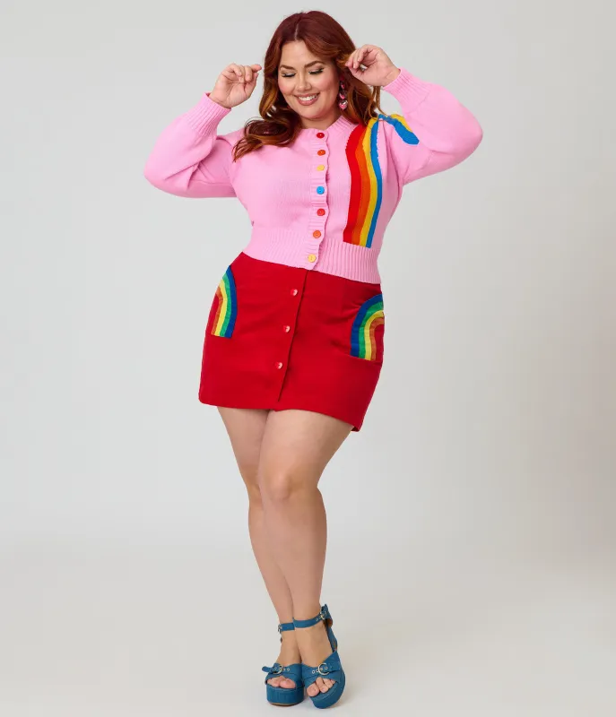 Smak Parlour Plus Size Red Corduroy & Rainbow Pockets Mini Skirt made by Unique Vintage