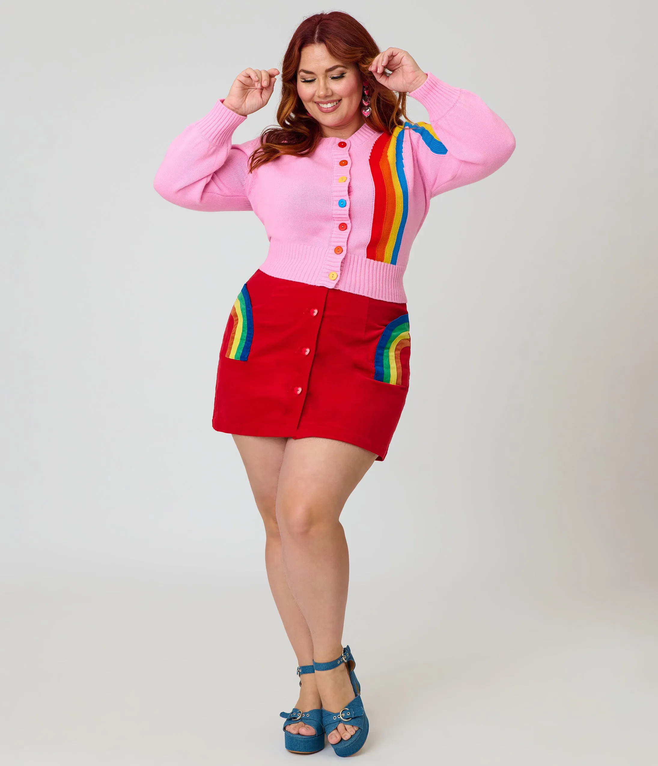 Smak Parlour Plus Size Red Corduroy & Rainbow Pockets Mini Skirt sold by Unique Vintage