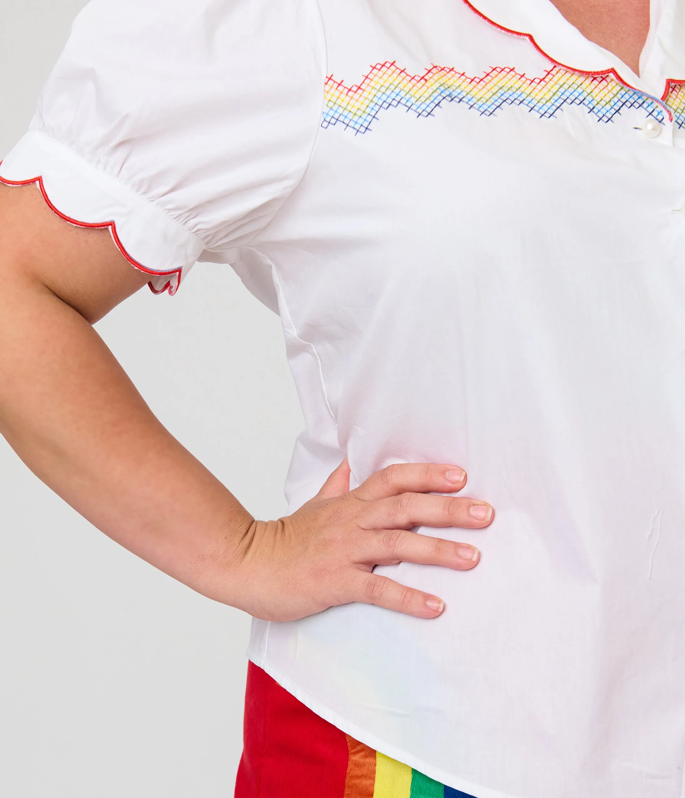 Smak Parlour Plus Size White & Rainbow Embroidered Puff Sleeve Top sold by Unique Vintage product image thumbnail 5