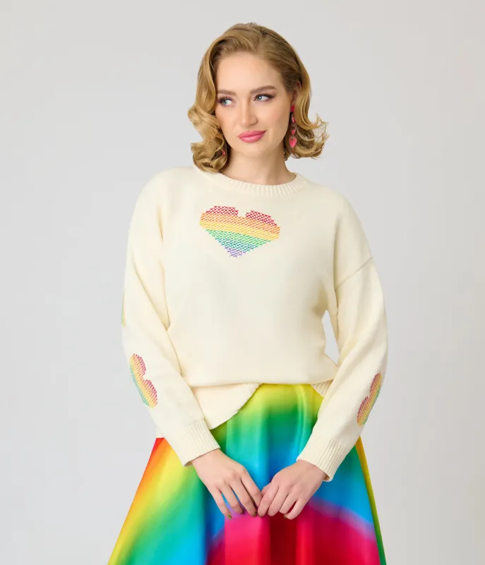 Unique Vintage Ivory & Rainbow Heart Cross Stitch Sweater made by Unique Vintage
