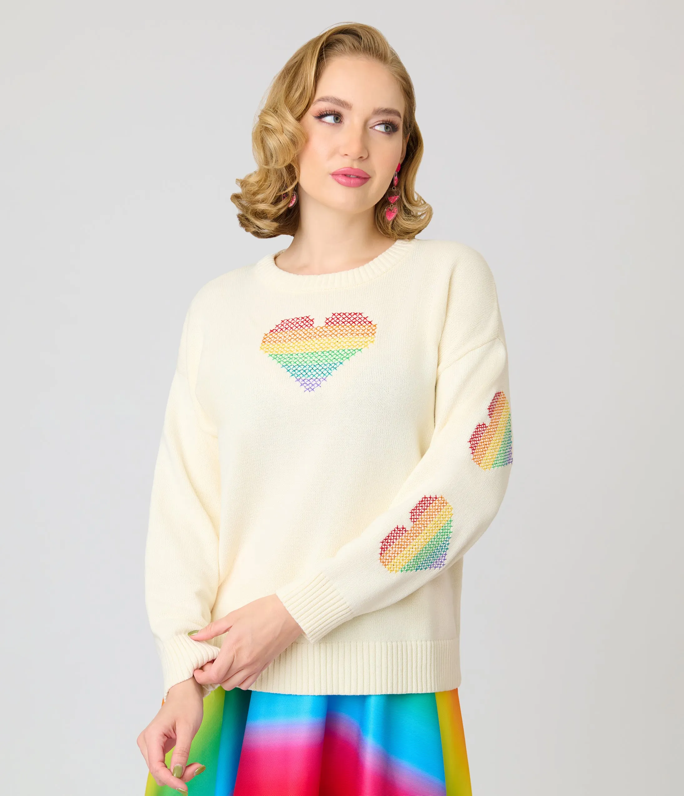 Unique Vintage Ivory & Rainbow Heart Cross Stitch Sweater sold by Unique Vintage product image thumbnail 3