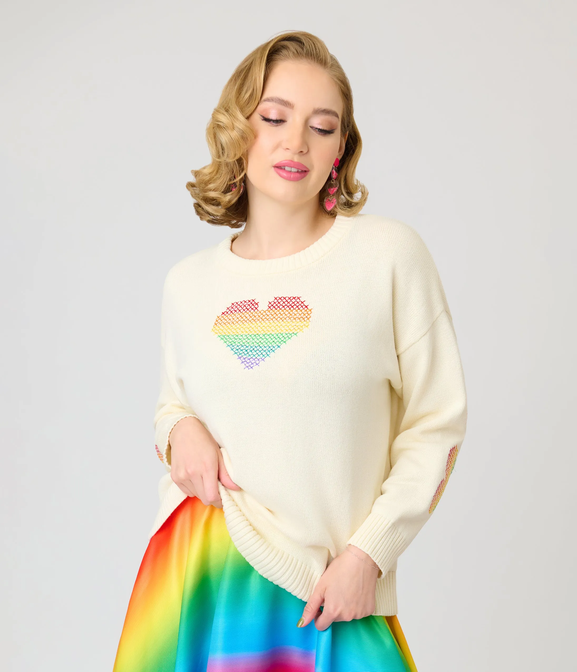 Unique Vintage Ivory & Rainbow Heart Cross Stitch Sweater sold by Unique Vintage product image thumbnail 4