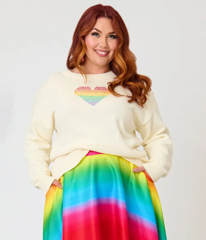 Unique Vintage Plus Size Ivory & Rainbow Heart Cross Stitch Sweater made by Unique Vintage
