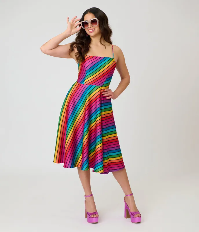Unique Vintage Diagonal Rainbow Stripe Spaghetti Strap Midi Dress made by Unique Vintage