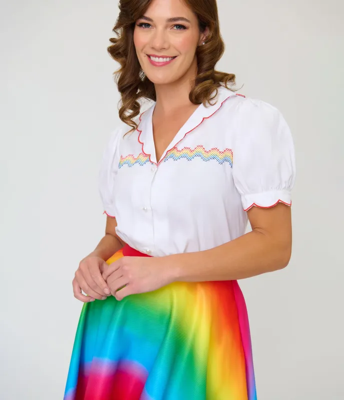 Smak Parlour White & Rainbow Embroidered Puff Sleeve Top made by Unique Vintage