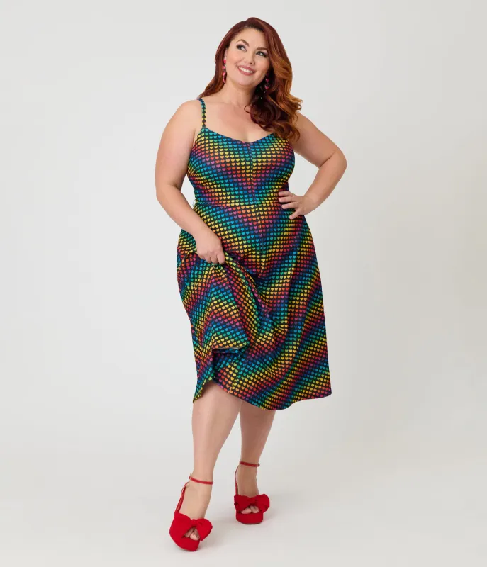 Smak Parlour Plus Size Black & Rainbow Heart Chevron Midi Dress made by Unique Vintage