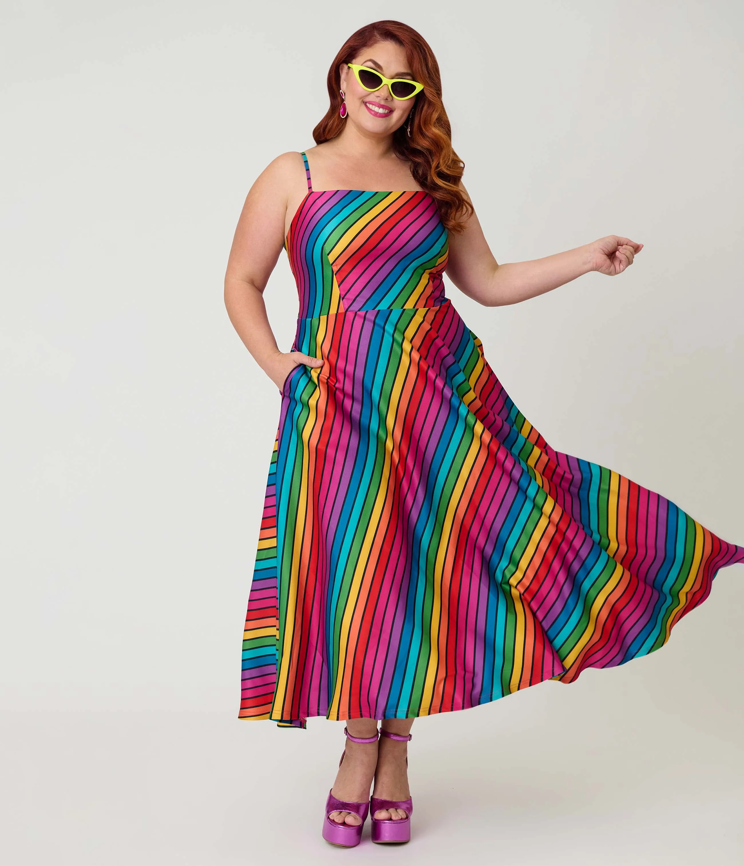 Unique Vintage Plus Size Diagonal Rainbow Stripe Spaghetti Strap Midi Dress sold by Unique Vintage product image thumbnail 4