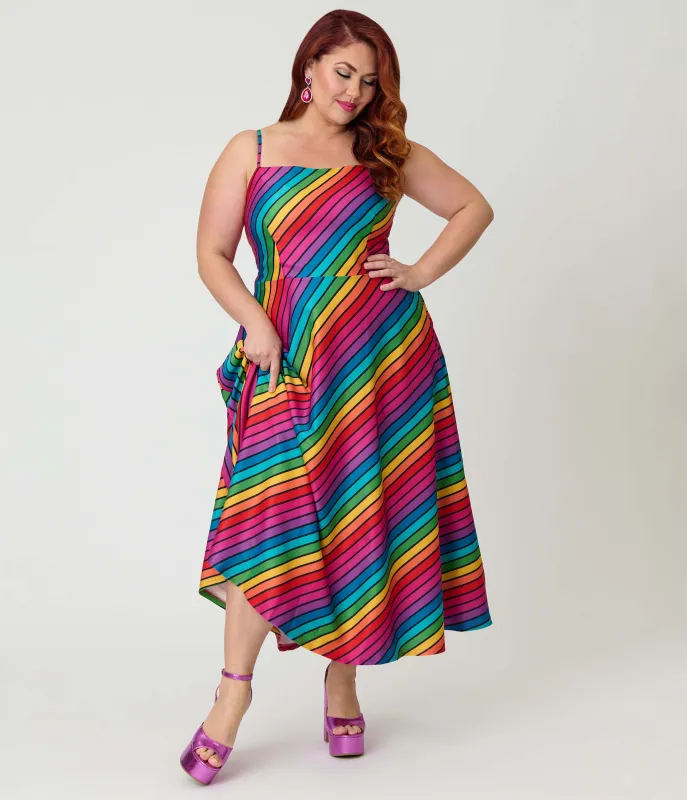 Unique Vintage Plus Size Diagonal Rainbow Stripe Spaghetti Strap Midi Dress made by Unique Vintage