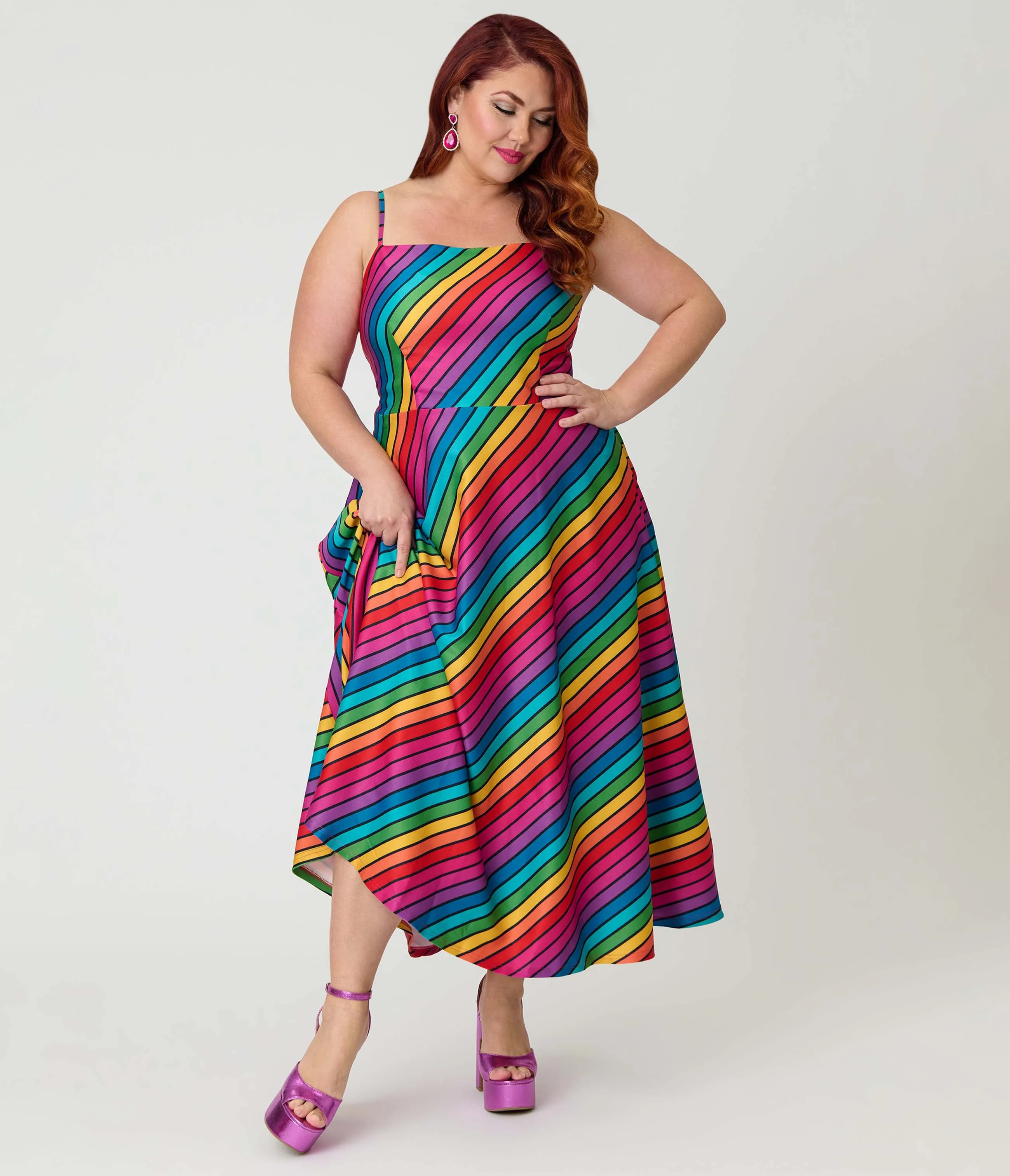 Unique Vintage Plus Size Diagonal Rainbow Stripe Spaghetti Strap Midi Dress sold by Unique Vintage