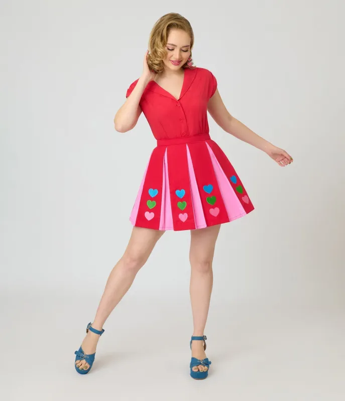 Smak Parlour Red & Pink Rainbow Heart Pleated Mini Skirt made by Unique Vintage
