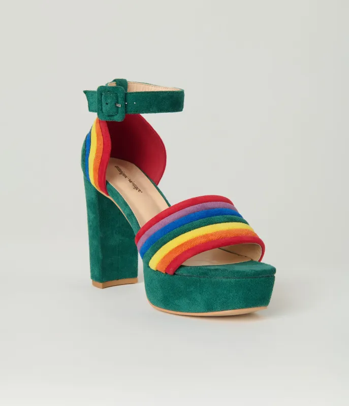 Unique Vintage Green & Rainbow Suede Peep Toe Pumps made by Unique Vintage