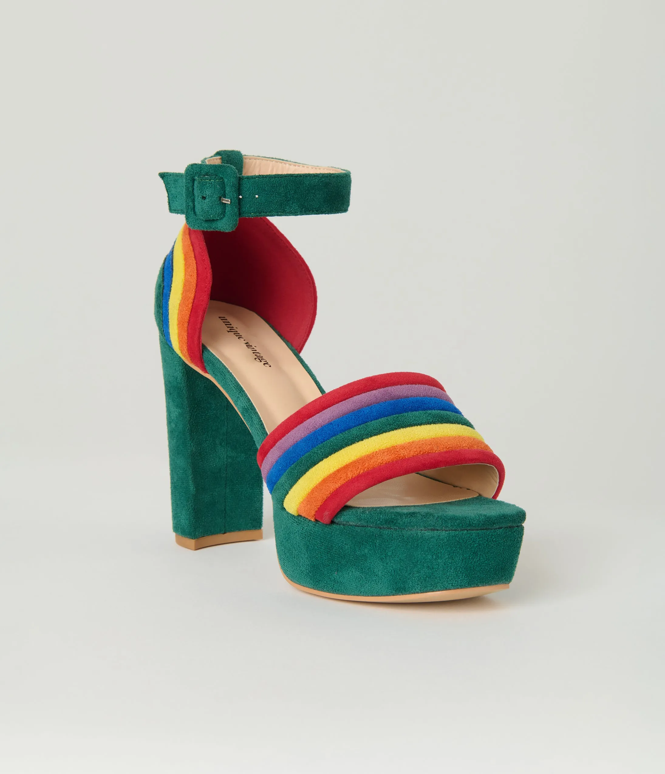 Unique Vintage Green & Rainbow Suede Peep Toe Pumps sold by Unique Vintage