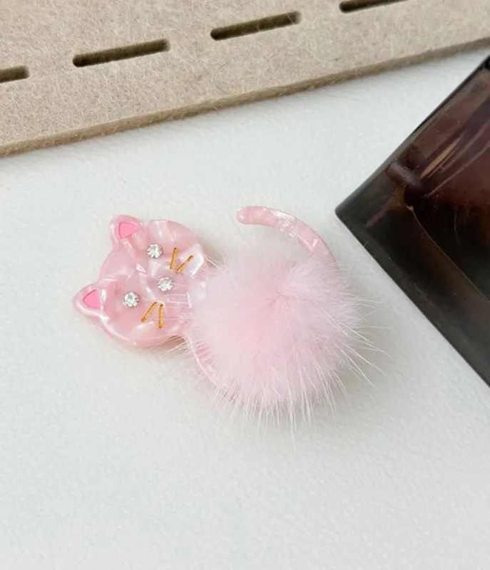 Pink Cat Pom Pom Hair Claw Clip made by Unique Vintage