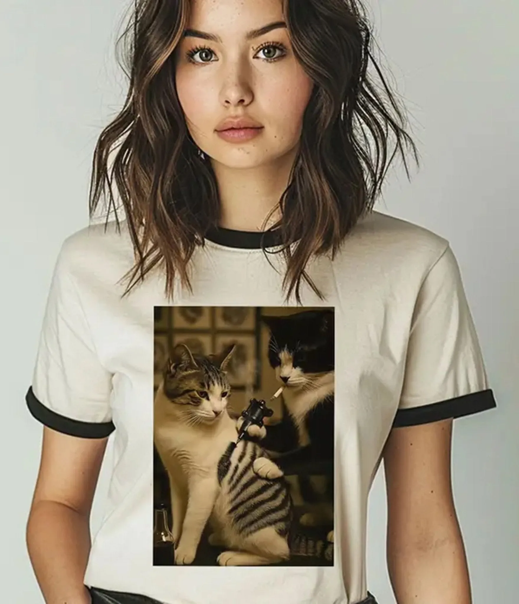Cat Getting Tattoo Unisex Ringer Graphic Tee sold by Unique Vintage