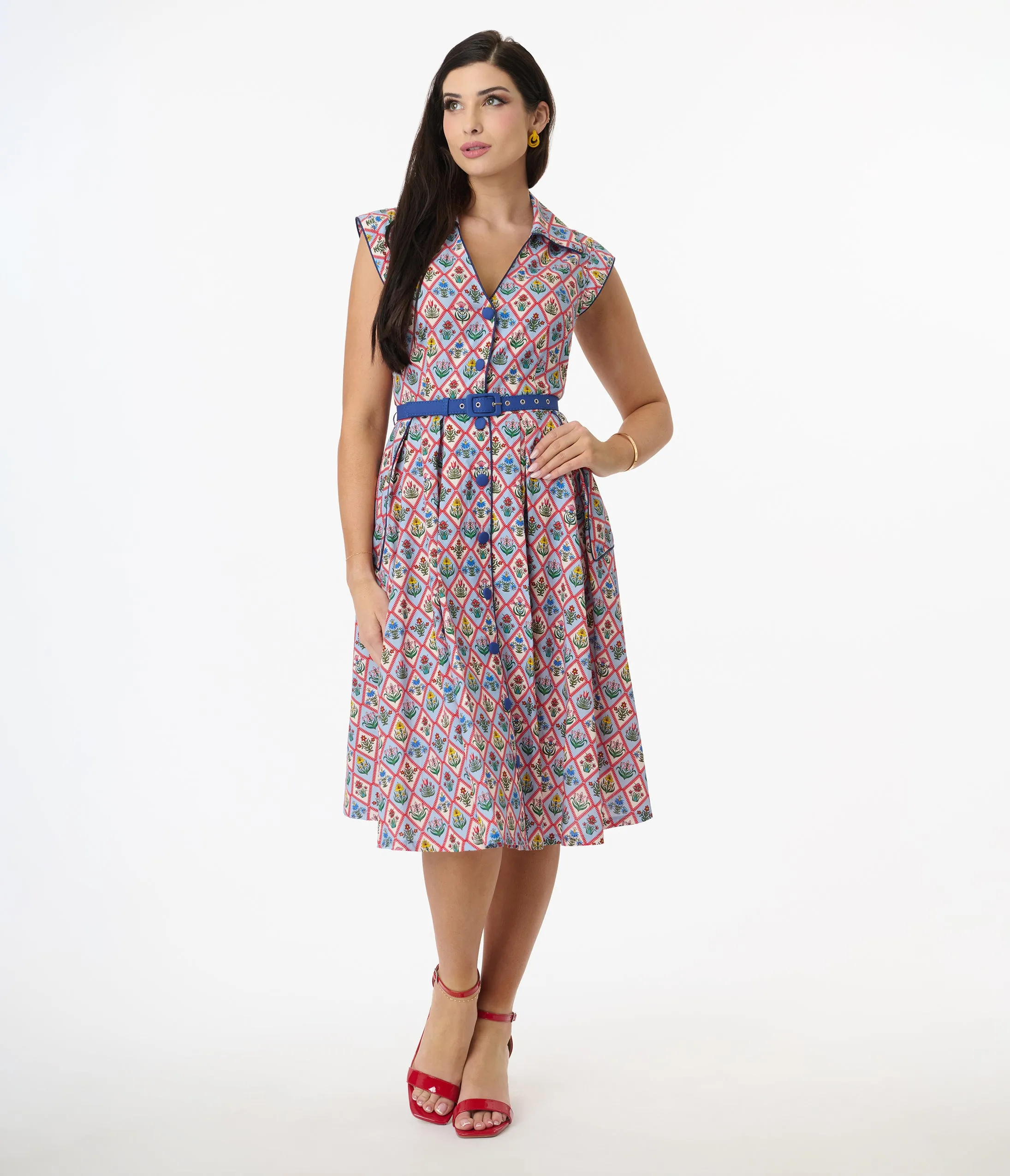 Unique Vintage Blue Diamond Floral Shirt Swing Dress sold by Unique Vintage product image thumbnail 4