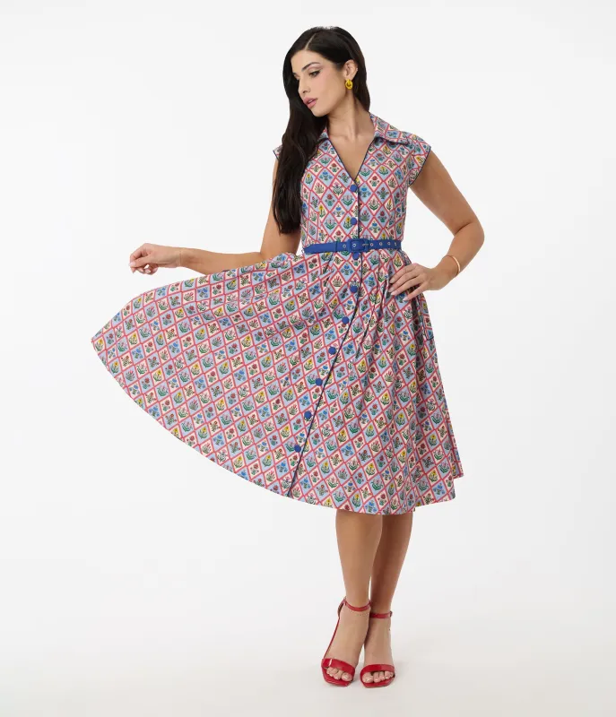 Unique Vintage Blue Diamond Floral Shirt Swing Dress made by Unique Vintage