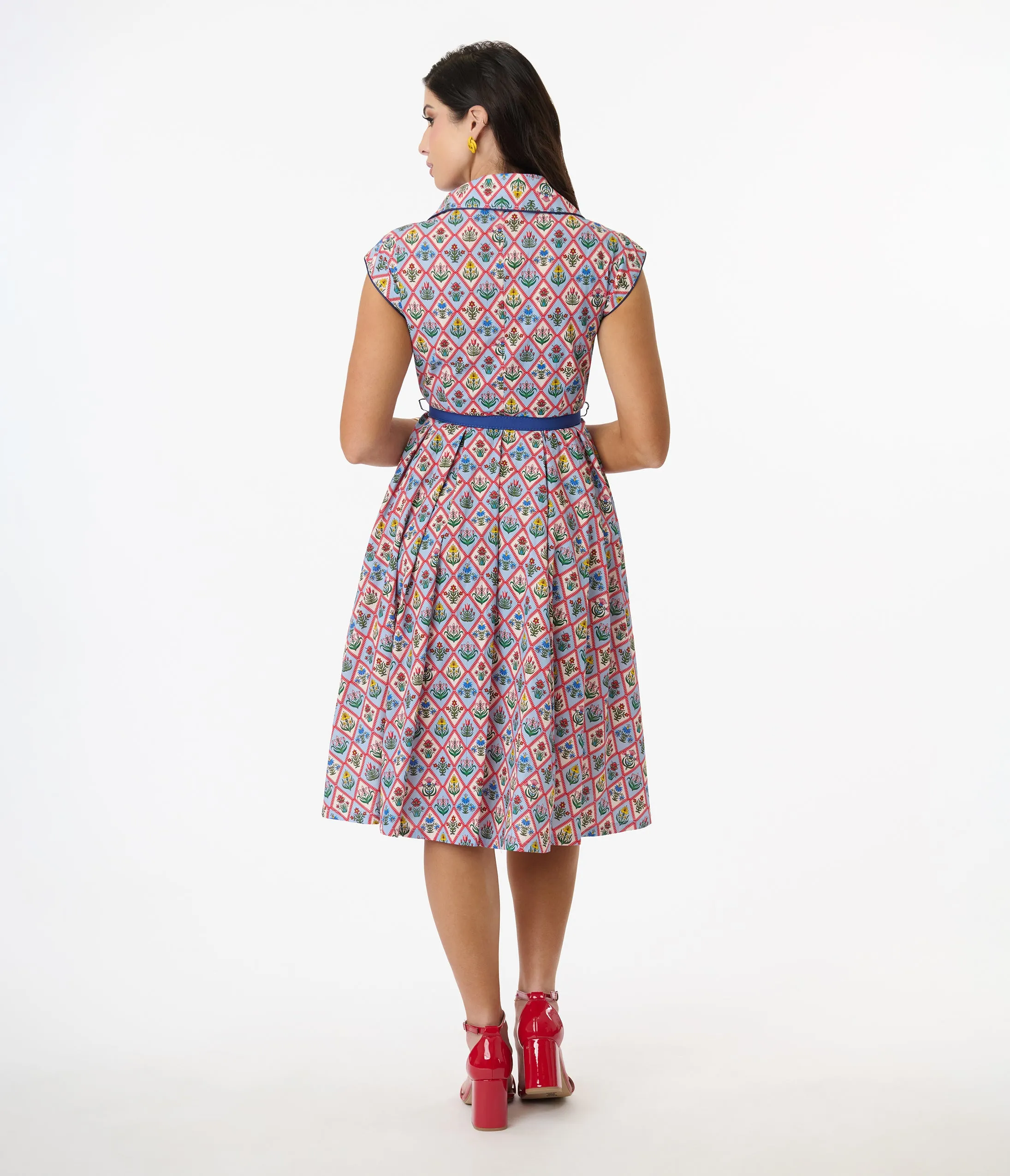 Unique Vintage Blue Diamond Floral Shirt Swing Dress sold by Unique Vintage product image thumbnail 3