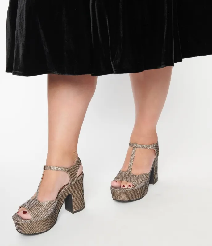 Chelsea Crew 1920s Bronze Shimmer Peep Toe Platform T-Straps made by Unique Vintage