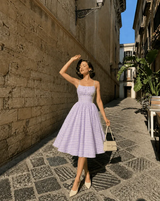 Purple Gingham Spaghetti Strap Swing Dress made by Unique Vintage