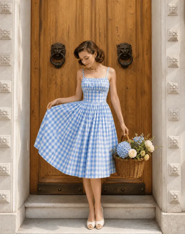 Blue Gingham Spaghetti Strap Swing Dress made by Unique Vintage