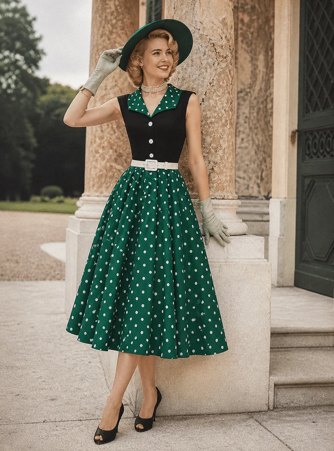 Navy & Green Polka Dot Belted Swing Dress sold by Unique Vintage