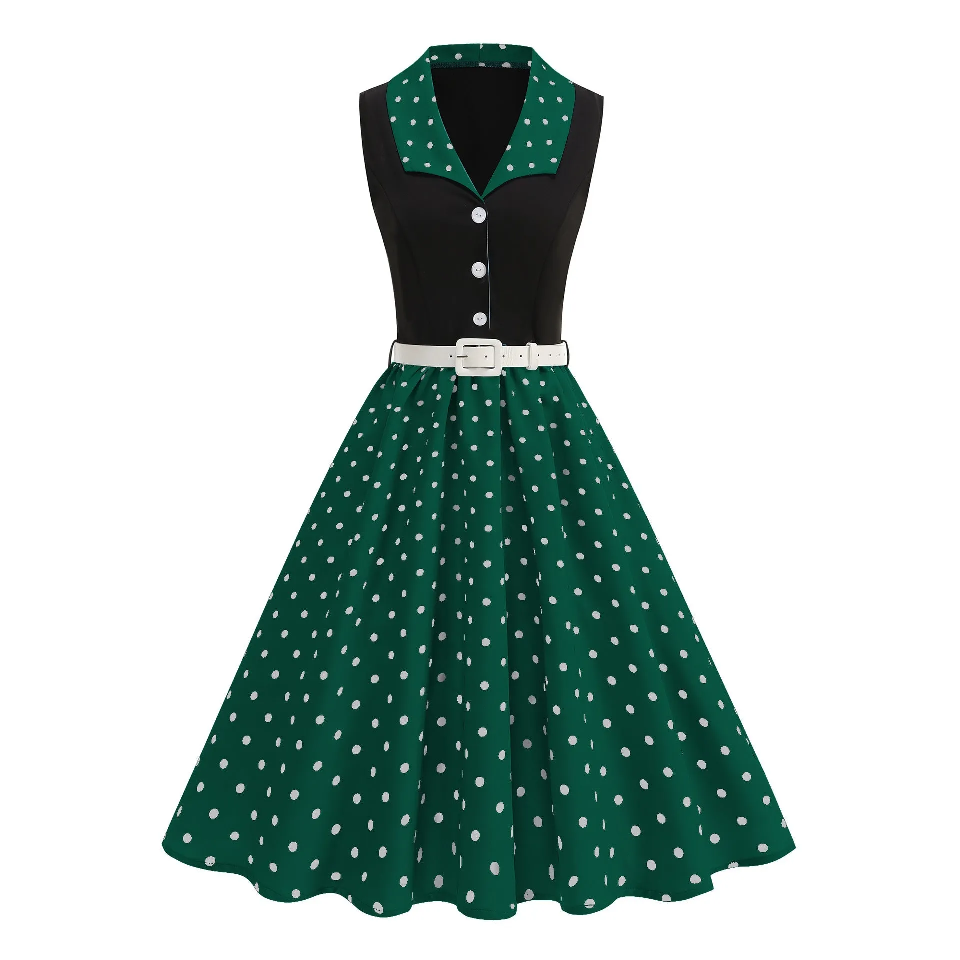 Navy & Green Polka Dot Belted Swing Dress sold by Unique Vintage product image thumbnail 2