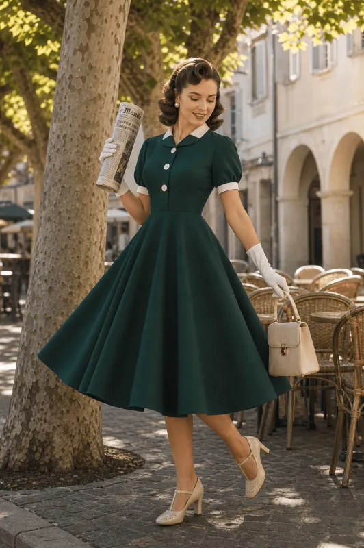 Green & White Contrast Collared Shirt Swing Dress made by Unique Vintage