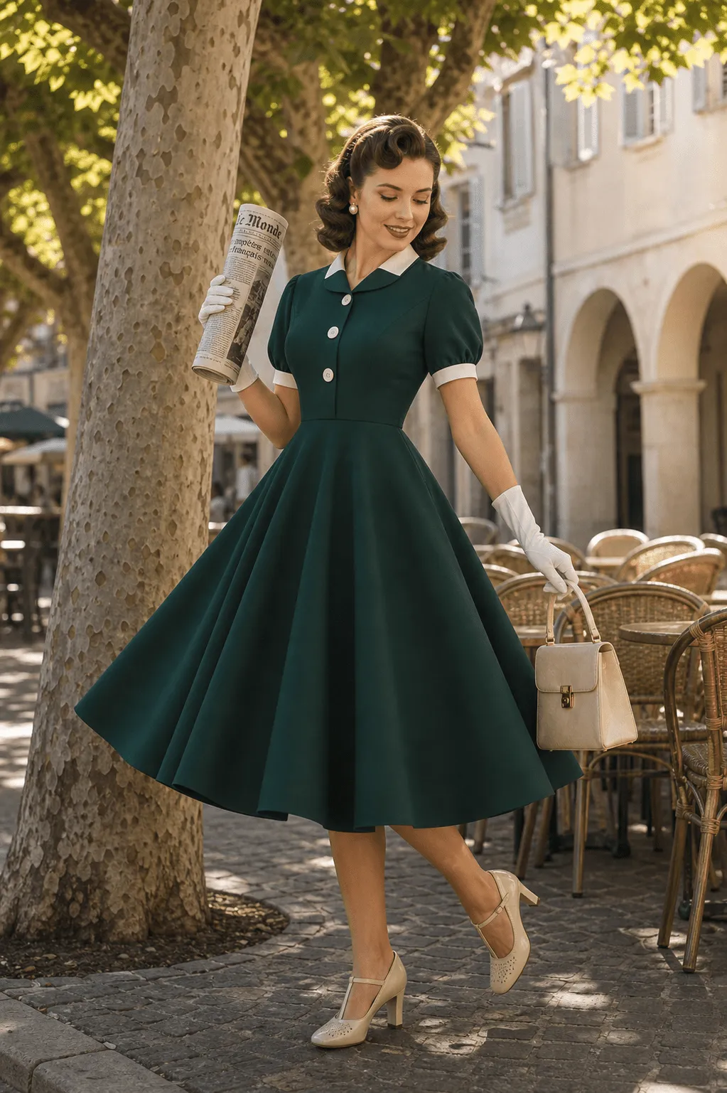 Green & White Contrast Collared Shirt Swing Dress sold by Unique Vintage