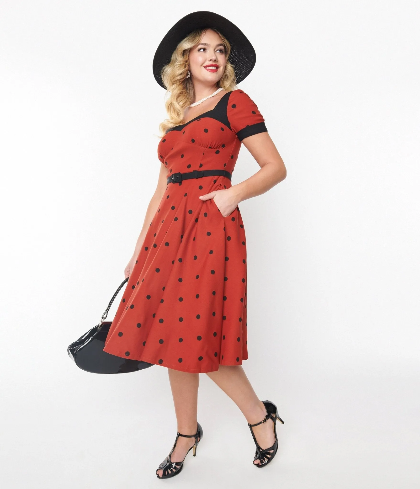 Unique Vintage Rust & Black Polka Dot Swing Dress sold by Unique Vintage product image thumbnail 2