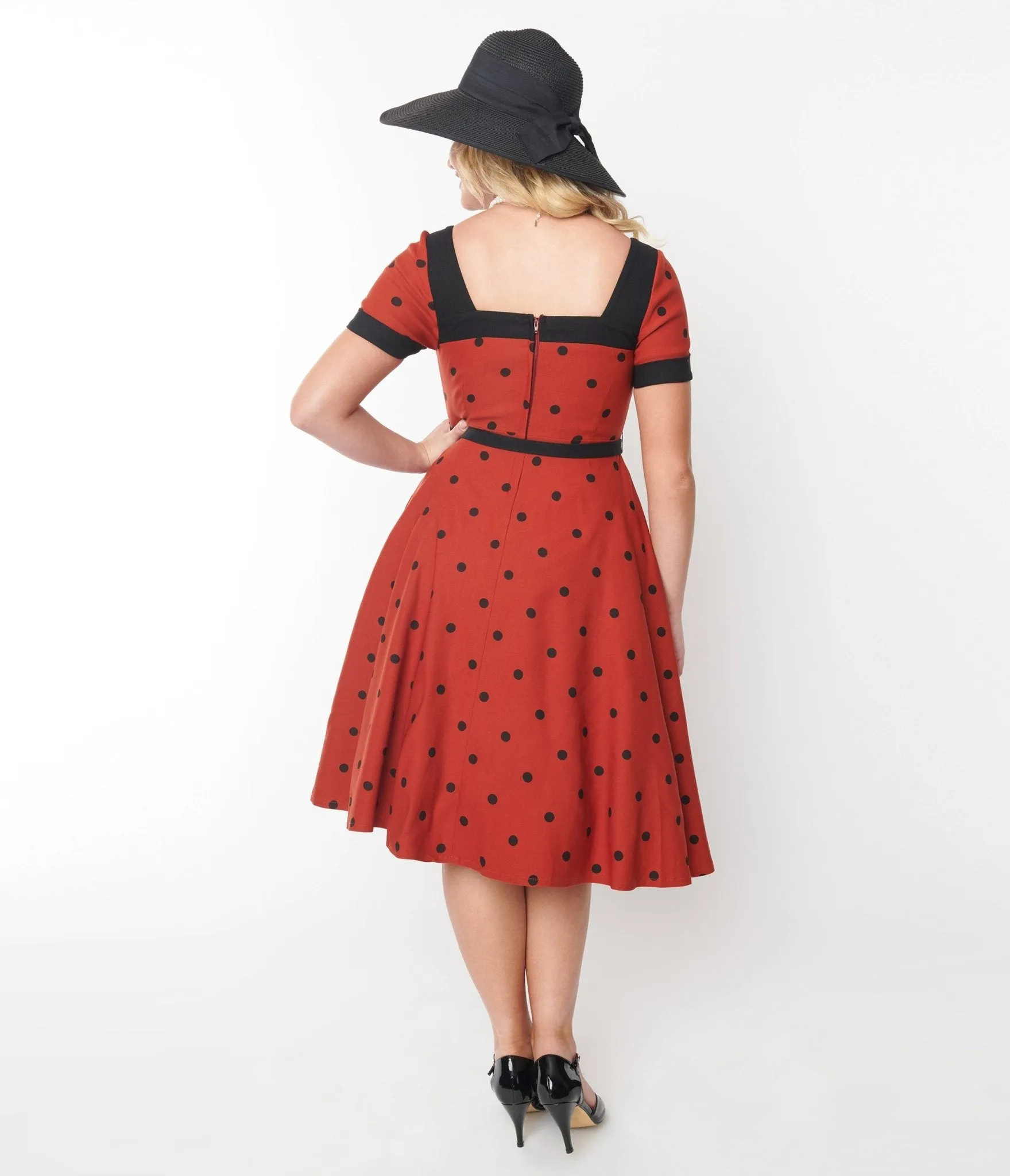Unique Vintage Rust & Black Polka Dot Swing Dress sold by Unique Vintage product image thumbnail 3