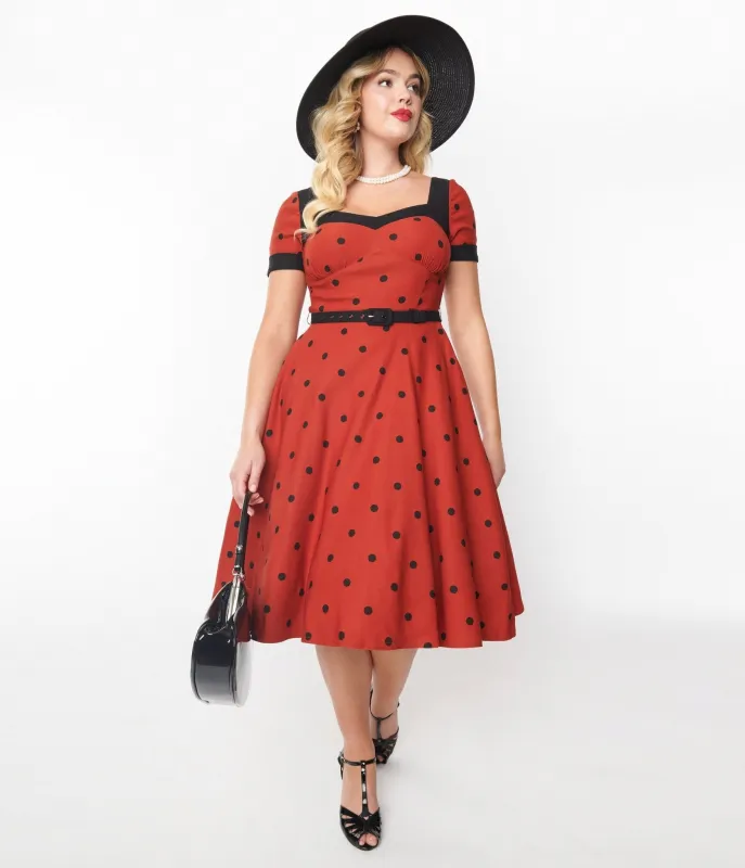 Unique Vintage Rust & Black Polka Dot Swing Dress made by Unique Vintage