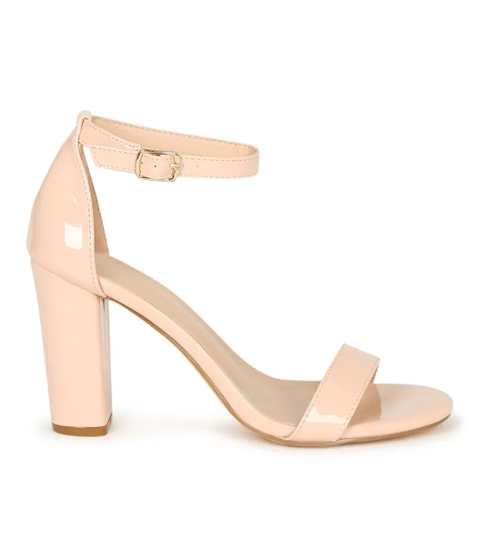 Nude Patent Leatherette Block Heel Sandals made by Unique Vintage