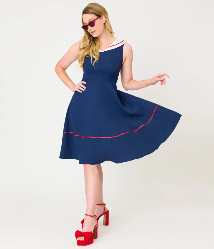 Navy & White Collared Flare Dress made by Unique Vintage