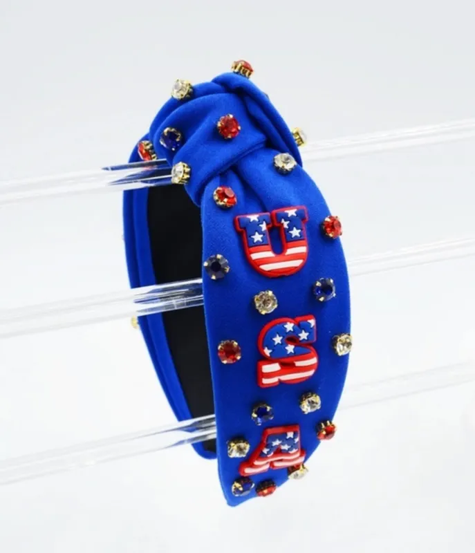 Blue USA Rhinestone Headband made by Unique Vintage