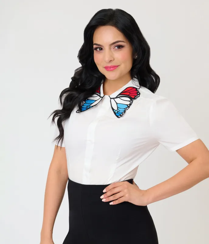 Unique Vintage Red White & Blue Butterfly Collar Cotton Blouse made by Unique Vintage