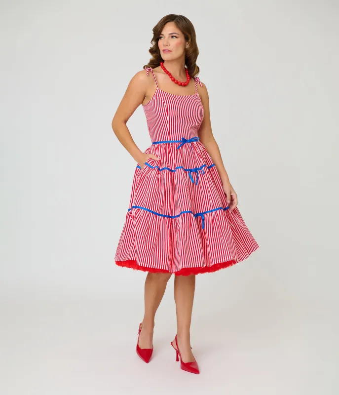 Unique Vintage Red & White Striped Tiered Swing Dress made by Unique Vintage