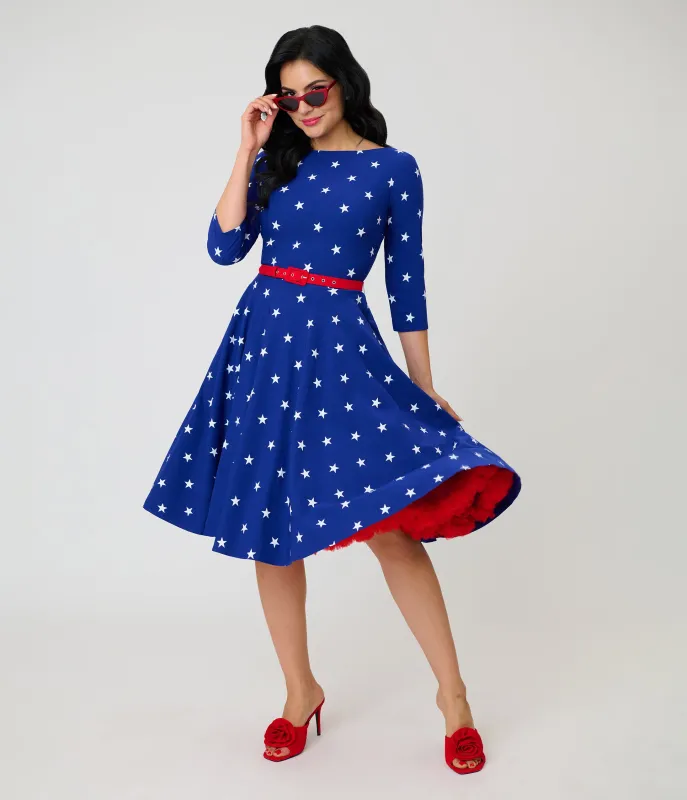 Unique Vintage Navy & White Star Devon Swing Dress made by Unique Vintage