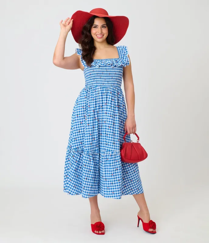 Unique Vintage Blue Gingham & Cherries Midi Dress made by Unique Vintage