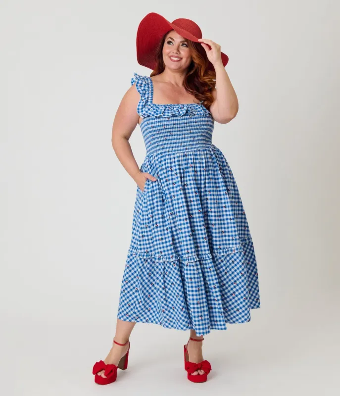 Unique Vintage Plus Size Blue Gingham & Cherries Midi Dress made by Unique Vintage