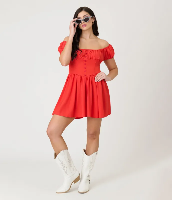 Red Off The Shoulder Mini Dress made by Unique Vintage